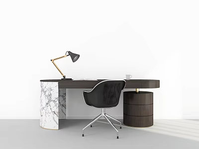 Modern Office Desk With Marble Countertop Black Chair Table Lamp And Drawer Cabinet 3d model