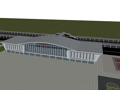 Spacious Train Station Building With Curved Roof Glass Facade Adjacent To Tracks And Green Lawn 3d model