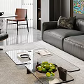 Modern Living Dining Room Interior With Black Leather Sofa Colorful Abstract Painting And Marble Wall
