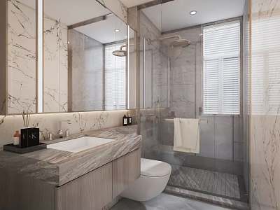 Light Luxury Modern Bathroom With Elegant Marble Countertop And Frameless Glass Shower Enclosure Interior Design 3d model