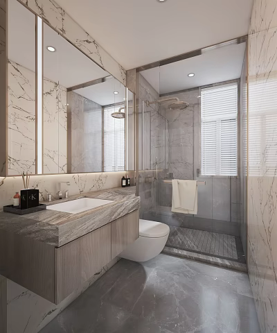 Light Luxury Modern Bathroom With Elegant Marble Countertop And Frameless Glass Shower Enclosure Interior Design 3d model