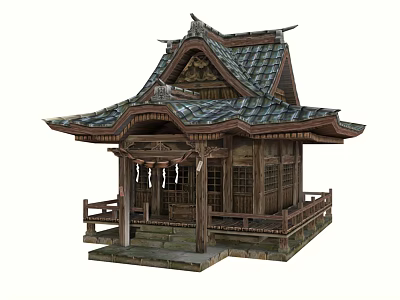Cartoon Scenery Traditional Japanese Wooden Temple With Tile Roof And Porch Steps 3d model