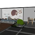 Modern Courtyard Feature Wall With Circular Sun Design Tree Branches Water Feature And Lighting