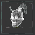 Red Demon Mask With Black Horns Yellow Eyes And Sharp Teeth Surrounded By White Splatters