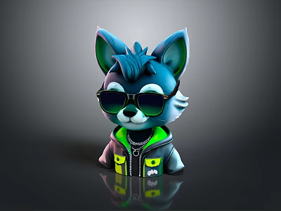 3D Designed Blue Fox Game Movie Character Wearing Sunglasses And Neon Green Jacket 3d model