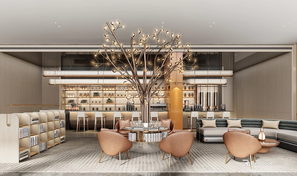 Modern Sales Office Interior With Artistic Tree Shaped Chandelier Sofas Chairs And Bookshelves 3d model 