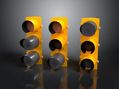 Three Yellow Traffic Lights With Classic Design And Round Metal Lenses 3d model