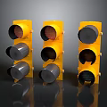 Three Yellow Traffic Lights With Classic Design And Round Metal Lenses