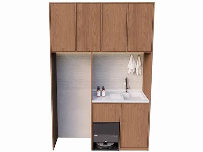 Modern Compact Kitchenette With Wooden Cabinets Sink Minifridge And Hanging Towel 3d model