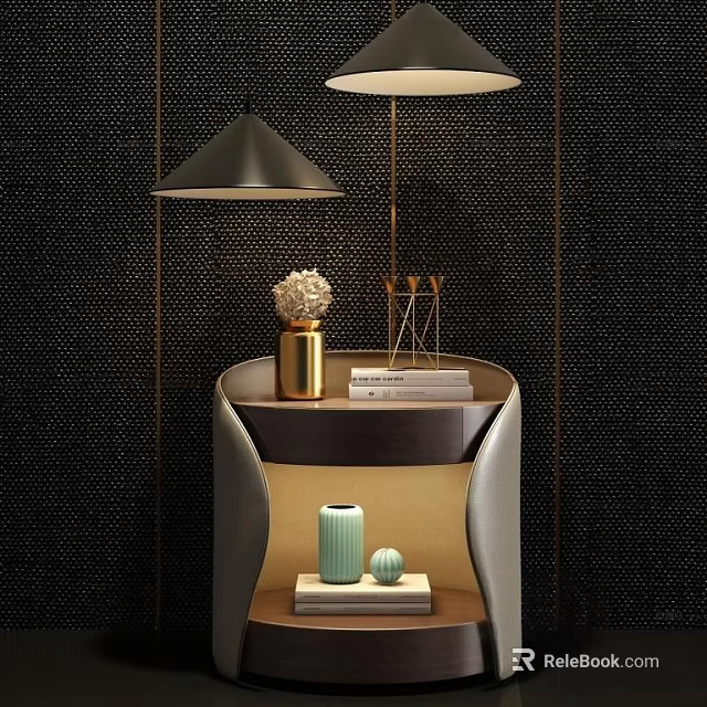 Modern Bedside Table With Table Lamp Decorative Vase And Stacked Books 3d model 