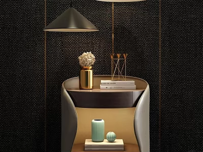 Modern Bedside Table With Table Lamp Decorative Vase And Stacked Books 3d model
