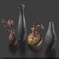 Decorative Ornament Set with Vases Pink Flowers and Various Colors Shapes