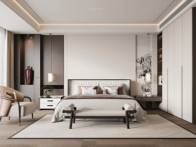 Modern Bedroom Interior Design With Bed Nightstands Armchair Area Rug And Built In Wardrobe 3d model