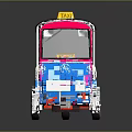 Blue And Pink Tuk Tuk Taxi With Yellow TAXI Sign On Roof And Striped Seats