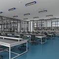 Modern Laboratory Interior With Blue Flooring Glass Partitions White Cabinets And Long Tables