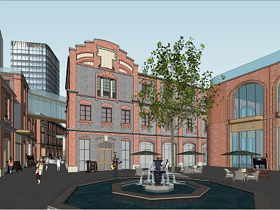 Vibrant Commercial Street Featuring Red Brick Buildings Fountain Trees And Pedestrians 3d model