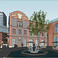 Vibrant Commercial Street Featuring Red Brick Buildings Fountain Trees And Pedestrians