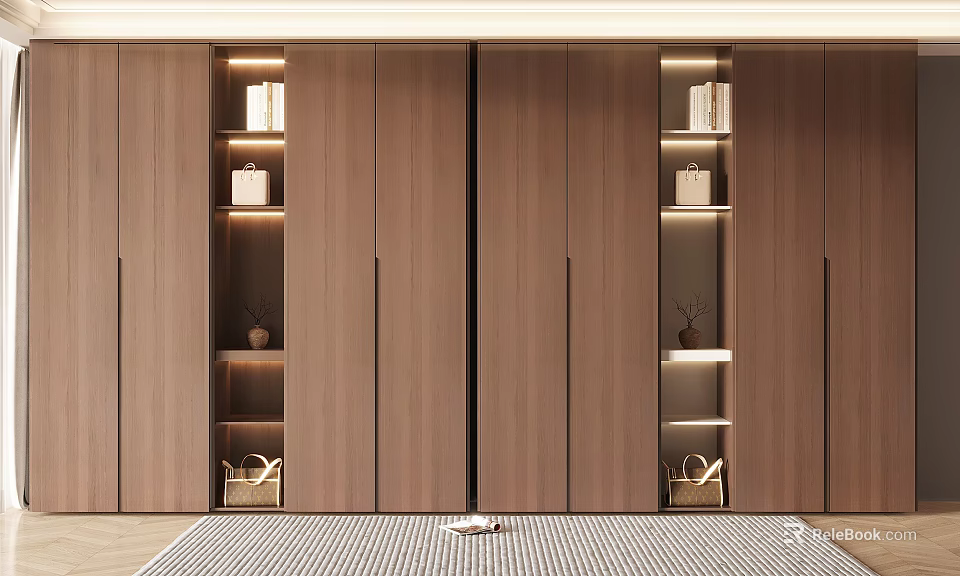Modern Wooden Wardrobe With Sliding Doors And Side Lighting Shelves Interior Design 3d model 