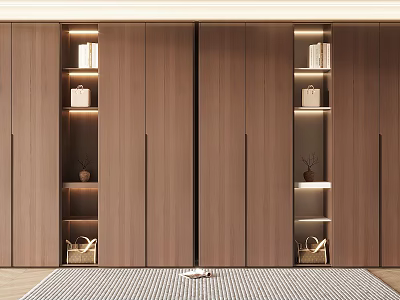 Modern Wooden Wardrobe With Sliding Doors And Side Lighting Shelves Interior Design 3d model