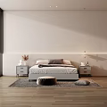 Minimalist Modern Double Bed with White Gray Pillows Brown Blanket Nightstands Lamps and Area Rug