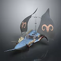 Decorative Ship With Black Sails Featuring Ram Head Motifs And Blue Hull