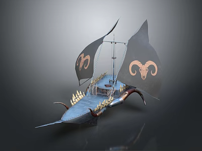 Decorative Ship With Black Sails Featuring Ram Head Motifs And Blue Hull 3d model Decorative Ship With Black Sails Featuring Ram Head Motifs And Blue Hull 3d model