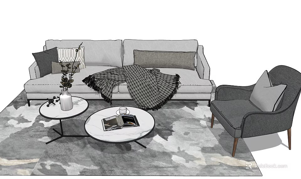 Modern Sofa and Coffee Table Set with Plaid Blanket Pillows and Armchair on Patterned Rug 3d model 