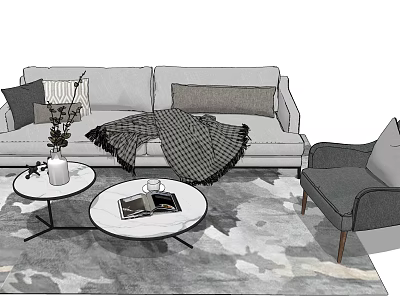 Modern Sofa and Coffee Table Set with Plaid Blanket Pillows and Armchair on Patterned Rug 3d model
