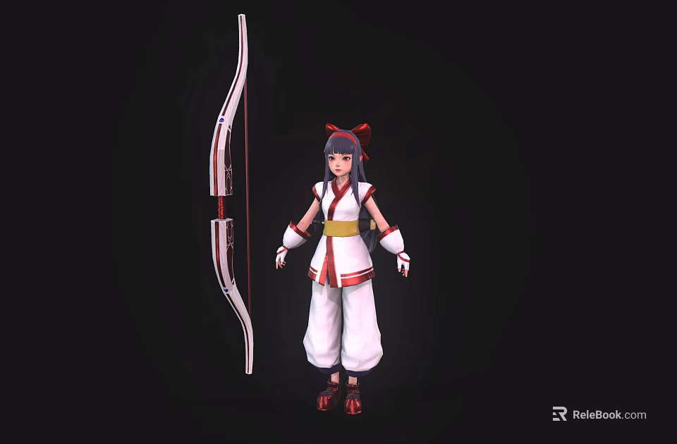 Game Movie Female Character In Red White Traditional Outfit With Bow Standing Pose 3d model 