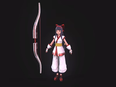 Game Movie Female Character In Red White Traditional Outfit With Bow Standing Pose 3d model