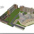 Campus With Different Architectural Style Buildings Red Brick Modern Clock Tower Green Lawn And Road