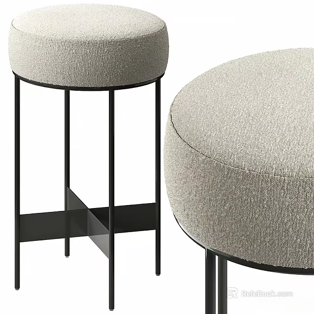 Modern Minimalist Round Stool With Light Gray Fabric Seat And Black Metal Legs 3d model 