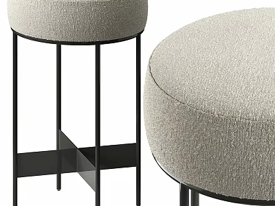 Modern Minimalist Round Stool With Light Gray Fabric Seat And Black Metal Legs 3d model