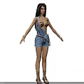 Woman in striped bikini top and denim overalls shorts with belt and bracelets
