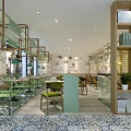 Bright Restaurant Interior With Colorful Chairs Wooden Tables Dishes And Pendant Lights