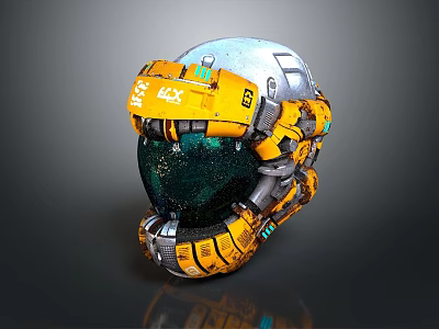 Futuristic Yellow And Silver Metallic Helmet With Transparent Visor And Mechanical Details 3d model