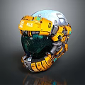 Futuristic Yellow And Silver Metallic Helmet With Transparent Visor And Mechanical Details