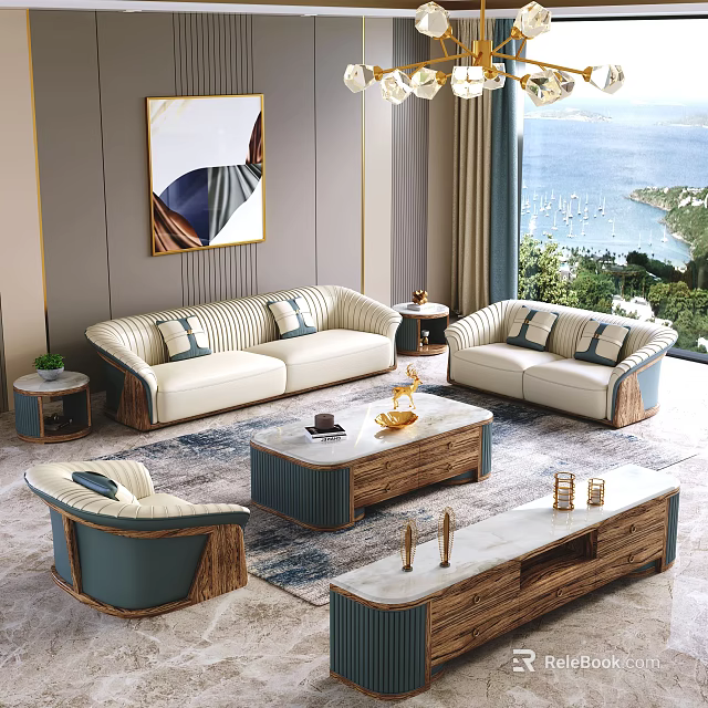 Elegant Modern Sofa And Coffee Table Combination With Beige Blue Upholstery Wooden Frame Marble Top 3d model 