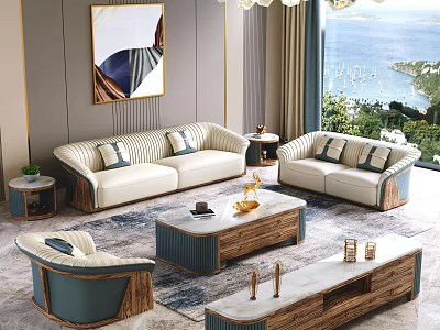 Elegant Modern Sofa And Coffee Table Combination With Beige Blue Upholstery Wooden Frame Marble Top 3d model