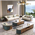 Elegant Modern Sofa And Coffee Table Combination With Beige Blue Upholstery Wooden Frame Marble Top