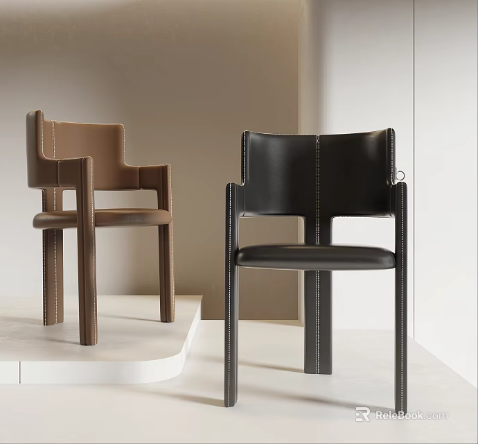 Modern Minimalist Leather Accent Chairs in Brown and Black on White Display Platform 3d model 