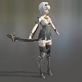 Anime Style Game Movie Character With White Hair And Mechanical Outfit Holding Sword