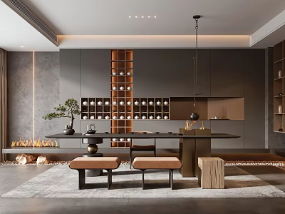Modern Tea Room Interior With Wooden Tea Table Ceramic Tea Sets Green Plant And Stools 3d model