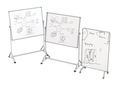 Hand Drawn Musical Instruments And Art Supplies On Wheeled Whiteboard Stands 3d model