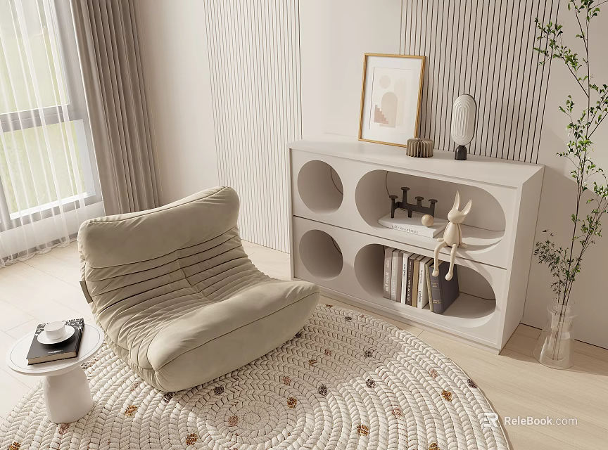 Cozy Beige Striped Lounge Chair with White Circular Cutout Cabinet and Woven Rug 3d model 
