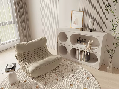 Cozy Beige Striped Lounge Chair with White Circular Cutout Cabinet and Woven Rug 3d model