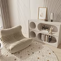 Cozy Beige Striped Lounge Chair with White Circular Cutout Cabinet and Woven Rug