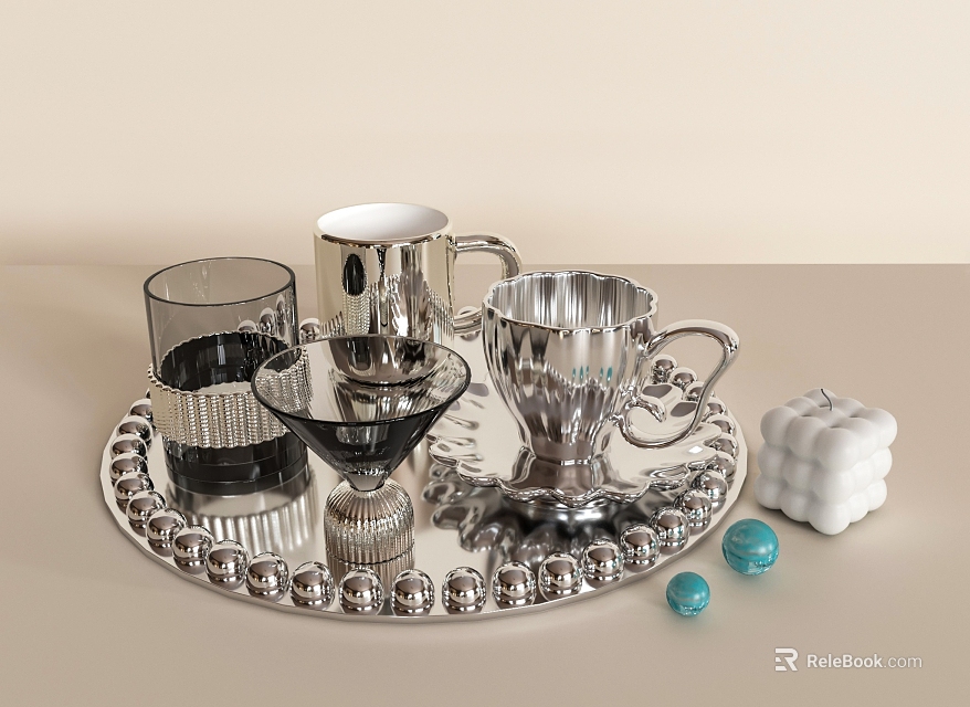 Stylish Silver And Glass Cups On Decorative Beaded Tray With Blue Accents 3d model 
