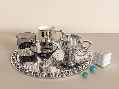 Stylish Silver And Glass Cups On Decorative Beaded Tray With Blue Accents 3d model