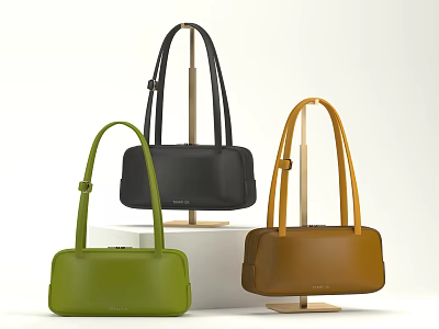 Three Stylish Colored Bags Displayed On Stands 3d model
